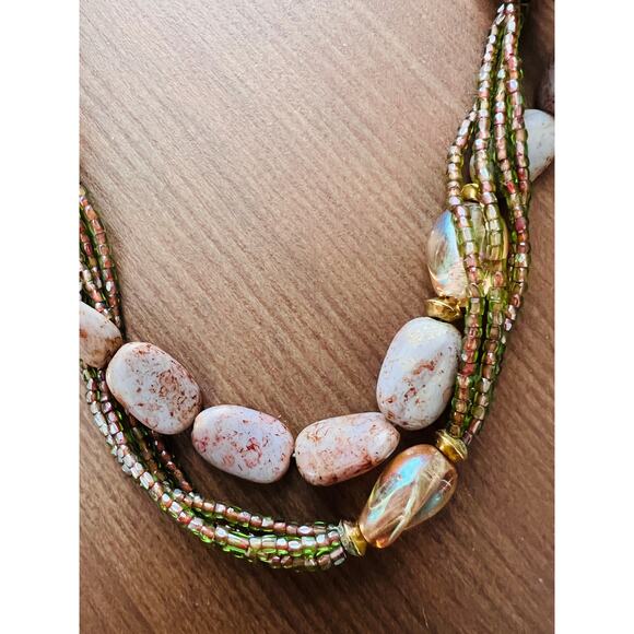 Vintage 30" 14k GE Stone Gold Glass Bead Necklace Statement green mauve Brown - Picture 4 of 14